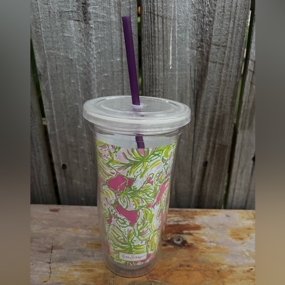 Lilly Pulitzer Elephants Acrylic Tumbler Cup Pink Green 20oz Lid & Purple Straw
